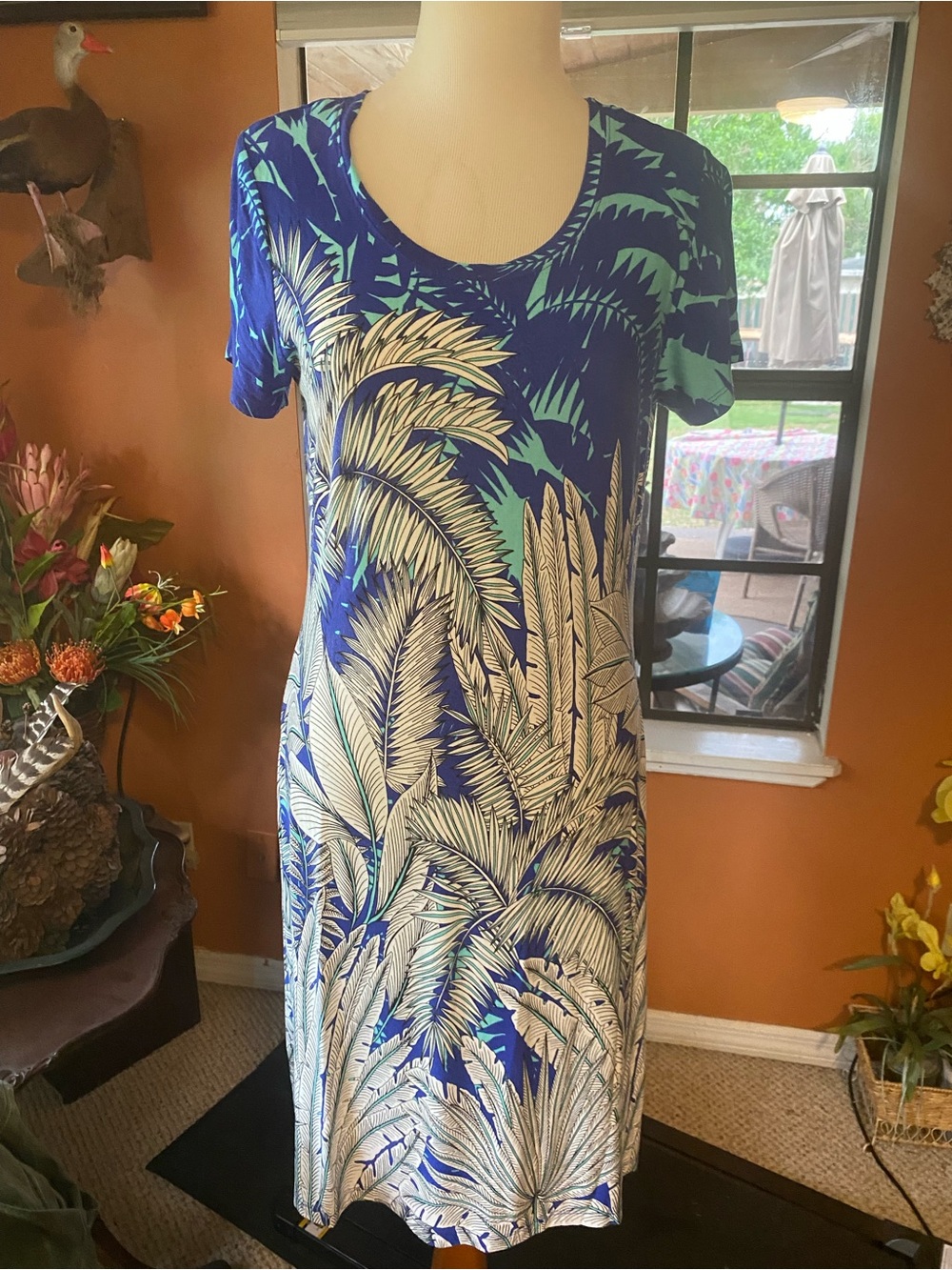 Blue & Teal Tropical Print Short Sleeve Dress